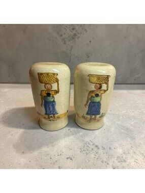 Stoneware Salt & Pepper Shaker with Women Carrying Baskets Pottery 3.25"H